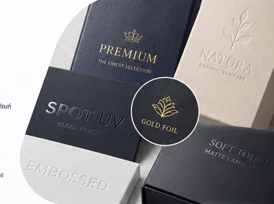 กล่องพรีเมียมที่มี gold foil spot UV emboss และ matte lamination