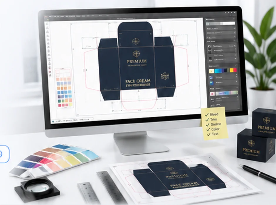 หน้าจอคอมพิวเตอร์แสดง artwork packaging dieline และ color swatches