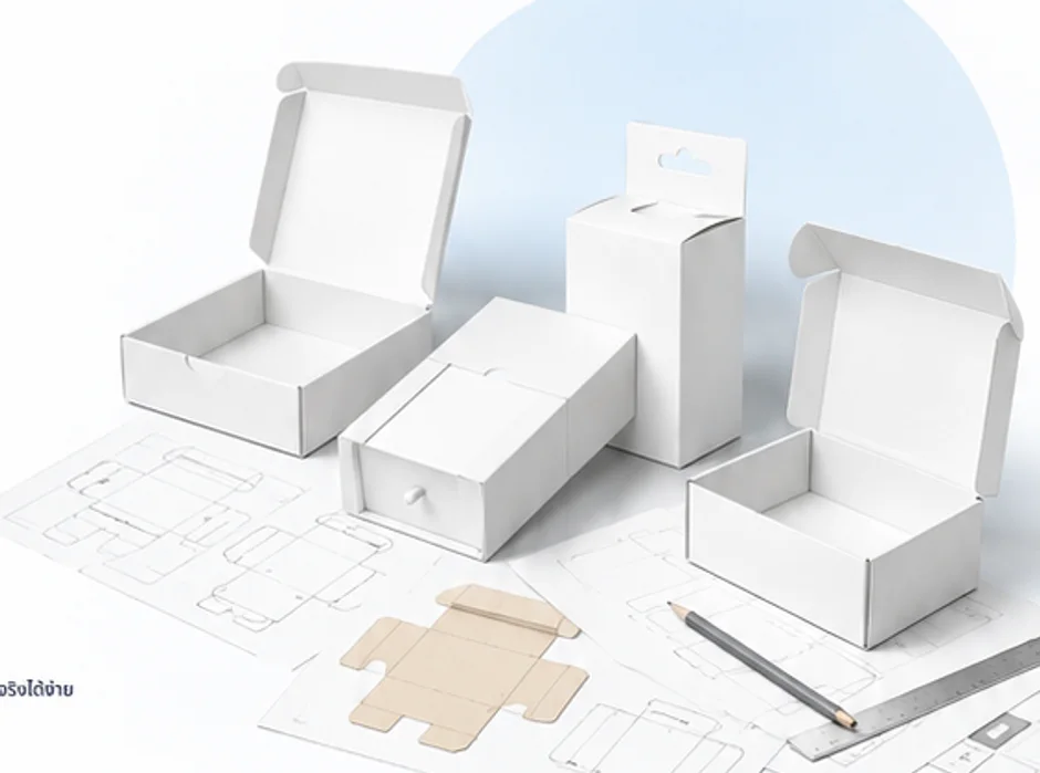 กล่องไดคัทสีขาวหลายรูปทรงบนแบบร่าง dieline